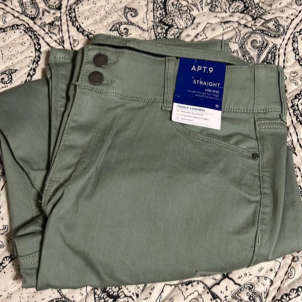 Women’s straight leg mid rise tummy control sz16 lt green pants. Apt 9 BNWT